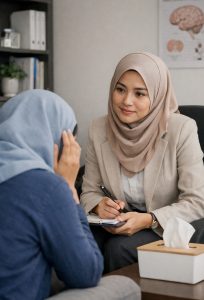 Kaunselor perempuan bertudung melakukan sesi kaunseling