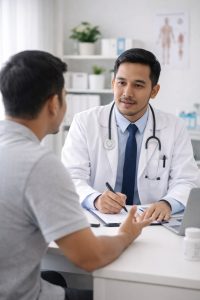 Doktor lelaki konsultasi pesakit di klinik
