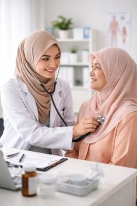 Doktor perempuan bertudung konsultasi pesakit di klinik