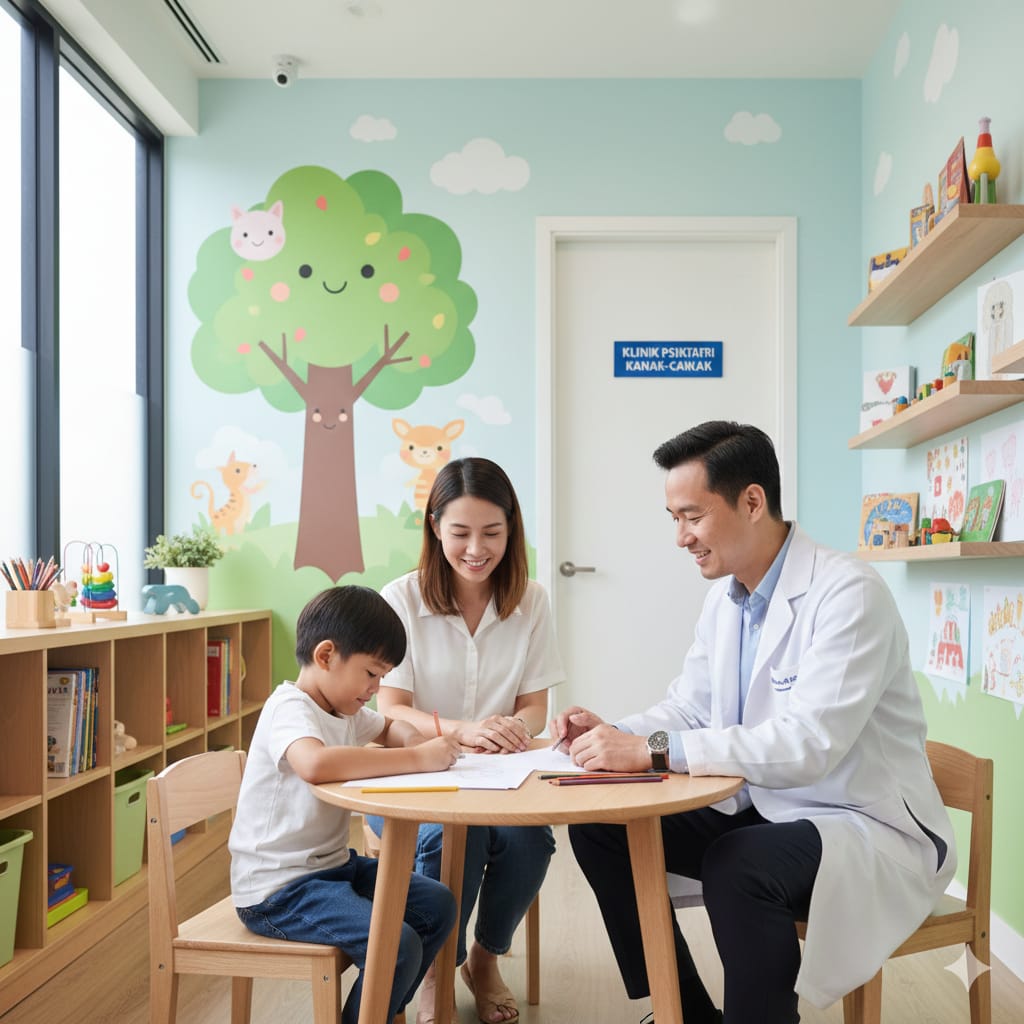 seorang doktor lelaki child psychiatrist sedang melakukan konsultasi dan penilaian terhadap kanak- kanak